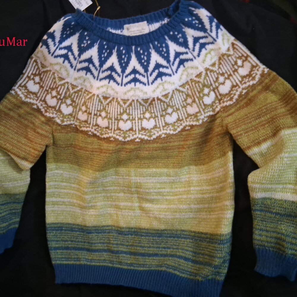Nordic Style Pullover Sweater NWT Teal Blue with green & winter white VEGAN